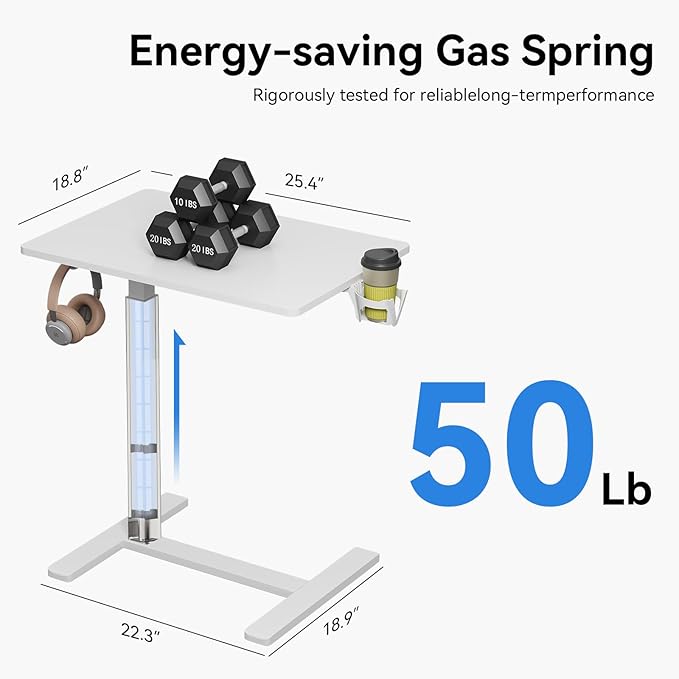 Gas Spring Adjustable Height Rolling Portable Laptop Desk, Mobile Standing Desk on Wheels, Small Sit Stand Desk with Laptop Stand/Cup Holder/Hook (White, 26"x19")