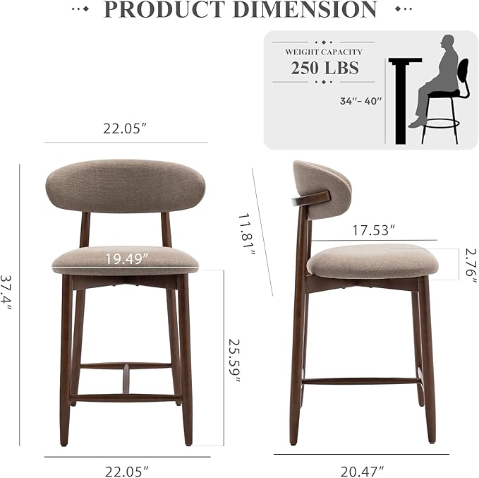 COLAMY Bar Stools Set of 2, Counter Height Barstools, Upholstered Counter Stools with Wood Legs for Kitchen Island Dining Room, Camel