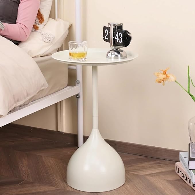 Side Table Set of 2, Small Coffee Round Bedroom End Table, Patio Metal Nesting Tables Pedestal Tables, Bedside Console Table for Living Room (White)