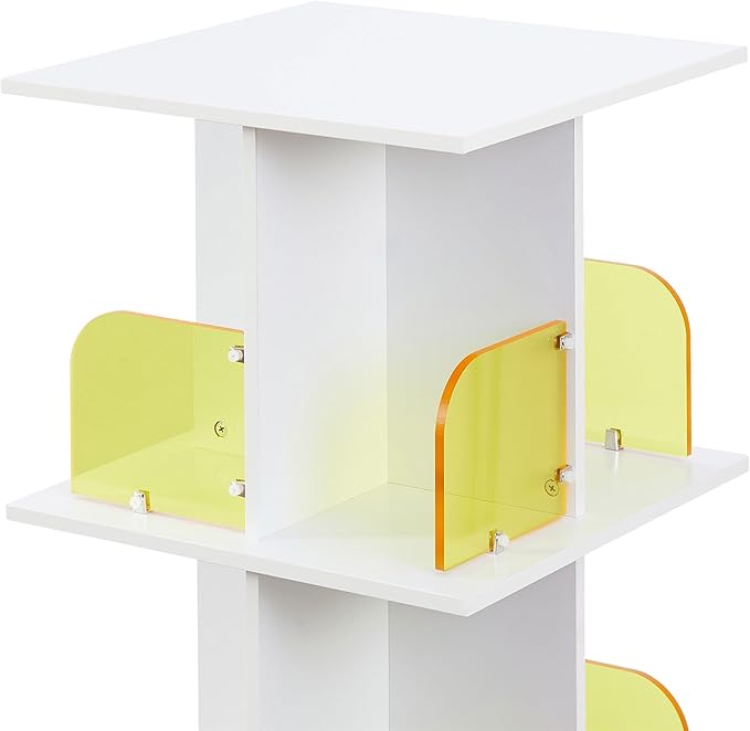 VECELO 4-Tier Rotating Bookshelf on Wheels, Revolving Bookcase Tower, Mobile Book Rack with Acrylic Windows, Narrow Rolling Bookshelves for Small Space, Corner, Bedroom, Office, White