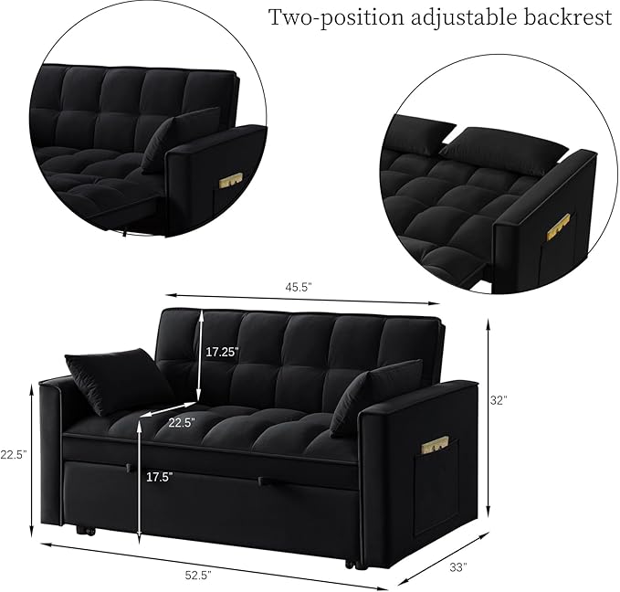 KEIKI Velvet Loveseat Convertible Sofa Bed Sleeper Chair with Adjustable Backrest, Pillows & Storage Pockets, 3 in 1 Pull-Out Couch Chaise Lounge Recliner for Living Room Balcony Bedroom, Black