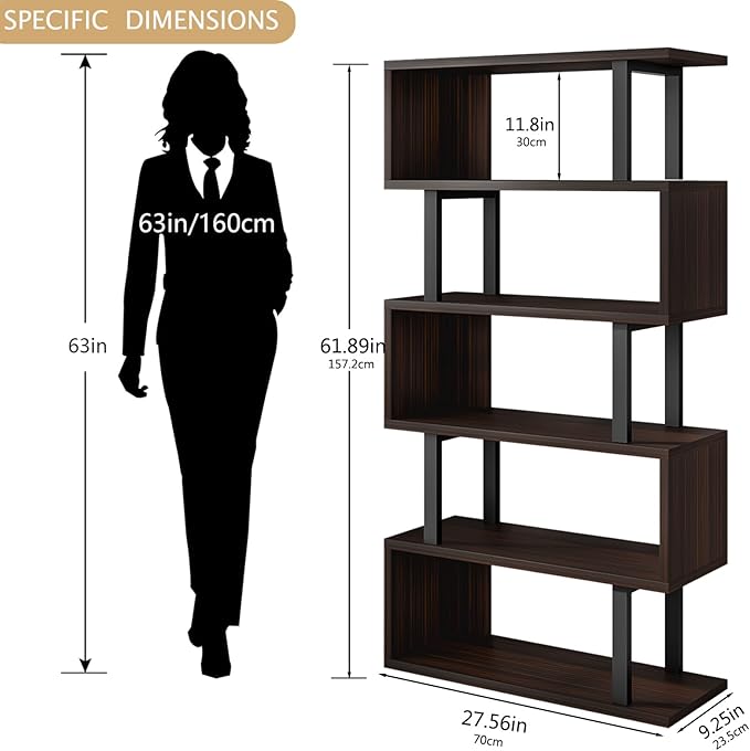 SORCEDAS Bookshelf Geometric Bookcase S Shaped Industrial Bookshelf Storage Display Stand Shelf for Living Room Bedroom and Office Room (Black, 5 Tier)