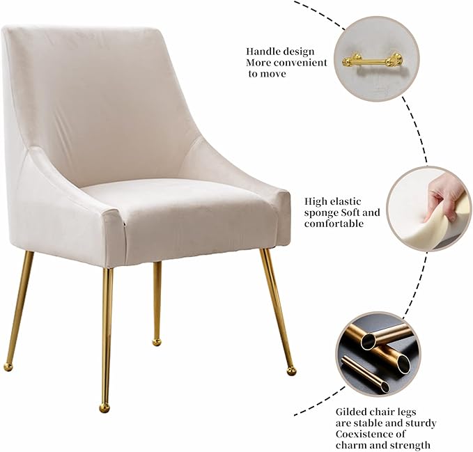 Modern Velvet Dining Chairs Set of 2, Contemporary Upholstered Furniture Collection with Polished Gold Metal Legs, Elegant Accent Chairs for Kitchen Living Room(White)