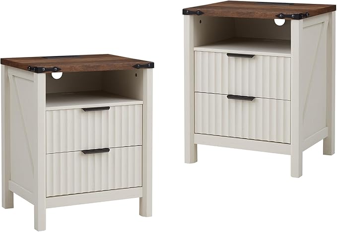 Antique White Nightstand with Charging Station Set of 2-20 Inch Wide Farmhouse Fluted Bedside Table with 2 Drawers, Modern Wood End Side Table for Bedroom Study Storage Home