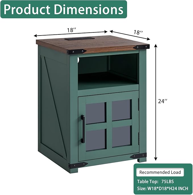 Farmhouse Nightstand with Charging Station, Rustic End Table with Tempered Glass Barn Door, Wood Sofa Side Bedside Table with Open Storage Shelf for Living Room, Bedroom, Green, 2 Pack