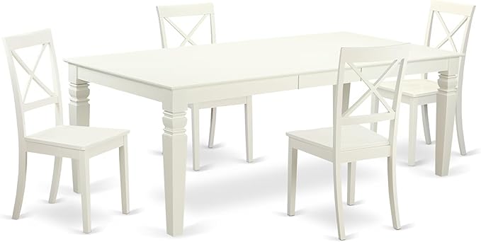 East West Furniture LGBO5-LWH-W 5 Piece Modern Dining Table Set Includes a Rectangle Wooden Table with Butterfly Leaf and 4 Kitchen Dining Chairs, 42x84 Inch, Linen White