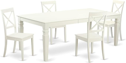 East West Furniture LGBO5-LWH-W 5 Piece Modern Dining Table Set Includes a Rectangle Wooden Table with Butterfly Leaf and 4 Kitchen Dining Chairs, 42x84 Inch, Linen White