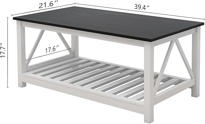 Farmhouse Coffee Table, Black and White Coffee Table for Living Room, 2-Tier Rectangular Wooden Centre Cocktail Table with Slats Shelf Storage and V-Shaped Frame Modern Coffee Tables Oak Black