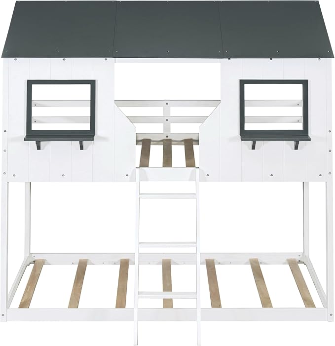 Ball & Cast Twin Over Twin Size Playhouse Bunk Bed with Roof and Window,Wood Bunkbed w/Full-Length Guard Rail & Ladder,Slat Support,Space Saving,Bedroom Furniture for Student Dorms,White