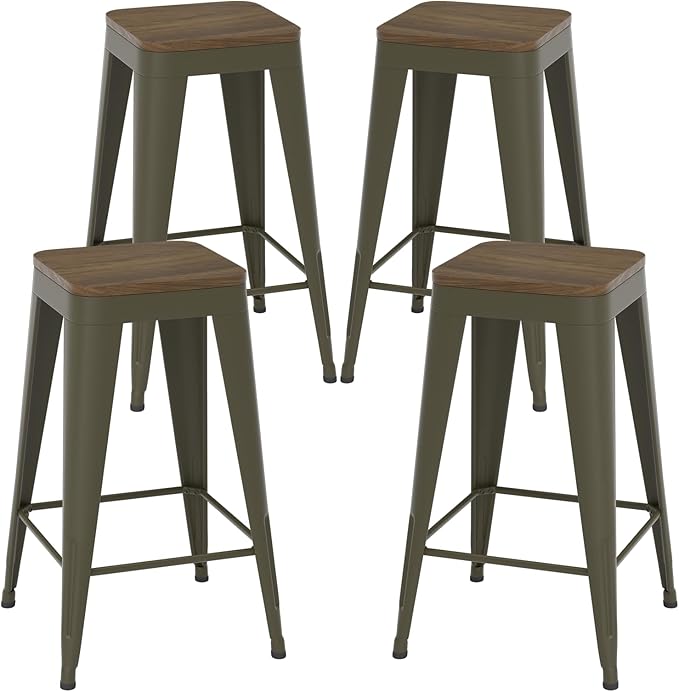 24 inch Backless Bar Stools Set of 4, Indoor Metal Bar Stools with Wood Seat, Industrial Counter Height Barstools for Kitchen Island, Rusty