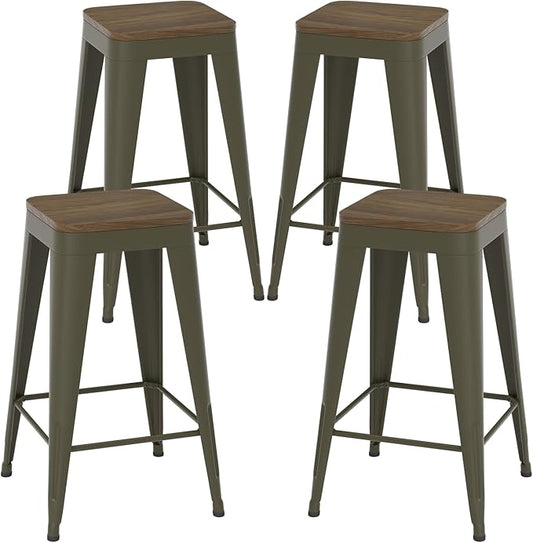 24 inch Backless Bar Stools Set of 4, Indoor Metal Bar Stools with Wood Seat, Industrial Counter Height Barstools for Kitchen Island, Rusty