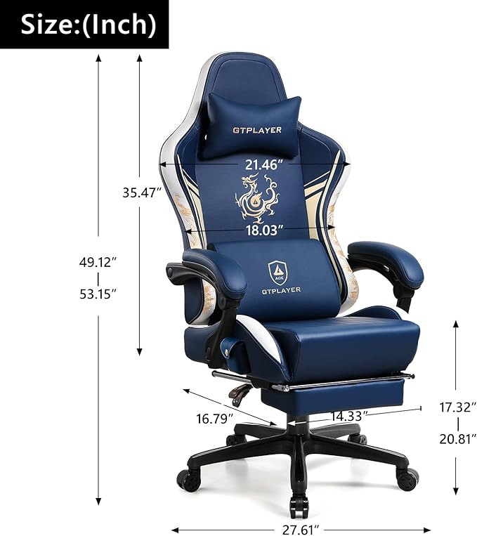 GTPLAYER Gaming Chair with Bluetooth Speakers and Footrest, Dragon Series Video Game Chair ，Heavy Duty, Ergonomic, Esports Computer Office Chair Blue (Royal Blue)