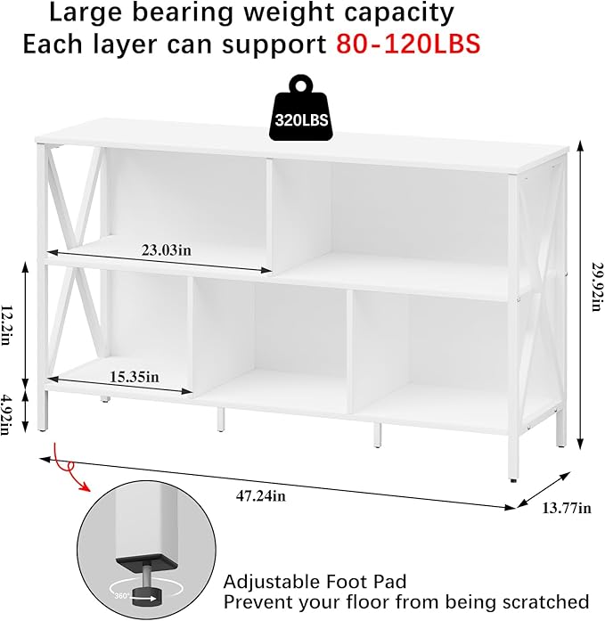 Horizontal Bookshelf,Industrial Modern 5 Cube Low Wide Cubby Bookcase,Long Wood and Metal Storage Organizer Open Shelf, Short Book Shelf Bedroom Storage for Home Office Living Room(White,5 Cube)