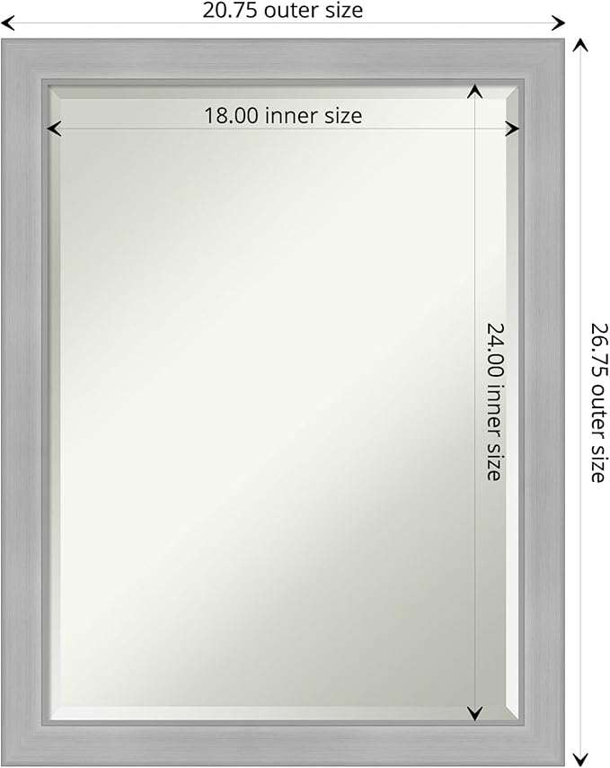 Amanti Art Silver Bathroom Mirror for Over Sink, 27x21 Vista Brushed Nickel Narrow Rectangle Vanity Mirror, Medium Casual Frame, Hangs Horizonally and Vertically, Bathroom Wall Decor, Beveled Edge