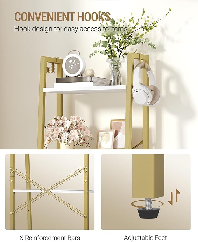 Ladder Shelf, Bookshelf Bookcase, Freestanding Corner Storage Shelve with 2 Hooks for Home Office, Living Room, Kitchen, Bedroom, Industrial, 5-Tier White Gold BC19213G