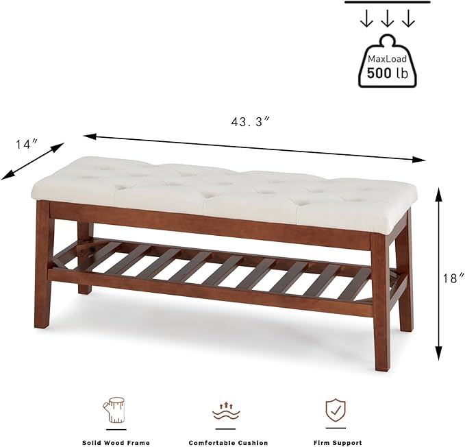 Upholstered Shoe Bench Entryway Bench for Bedroom, End of Bed, Ottoman Bench Tufted Padded Seat with Solid Wood Shelf for Living Room, Linen Ash Gray