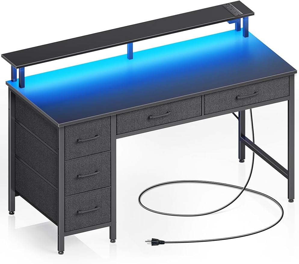 Seventable Computer Desk with Power Outlets & LED Light, 47 inch Home Office Desk with 5 Drawers, Writing Desk with Monitor Stand, Work Desk for Home Office, Black