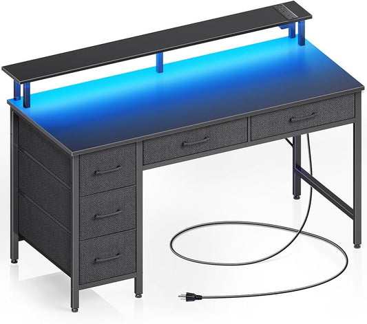 Seventable Computer Desk with Power Outlets & LED Light, 55 inch Home Office Desk with 5 Drawers, Writing Desk with Monitor Stand, Work Desk for Home Office, Black