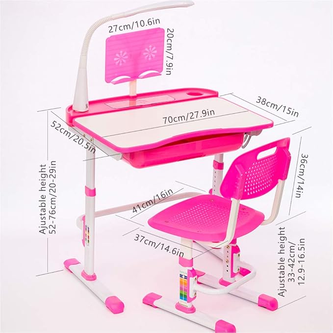 Kids Desk and Chair Set, Height Adjustable Children School Study Desk with Tilt Desktop, Bookstand, LED Lamp, Metal Hook and Storage Drawer for Boys Girls, Pink