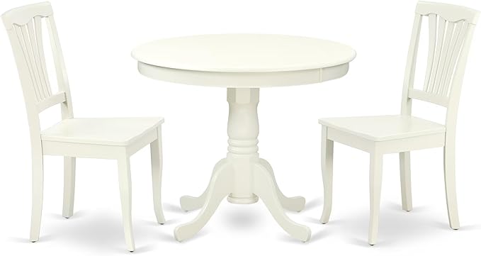 East West Furniture ANAV3-LWH-W 3 Piece Dining Table Set for Small Spaces Contains a Round Kitchen Table with Pedestal and 2 Kitchen Dining Chairs, 36x36 Inch, Linen White