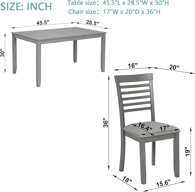 KEIKI 5-Piece Standard Height Dining Table Set with Rectangular Table and 4 Upholstered Ladder Backrset Chair, for 4 Person, Modern Wooden Table Set, Easy Assembly, for Kitchen, Dining Room, Gray