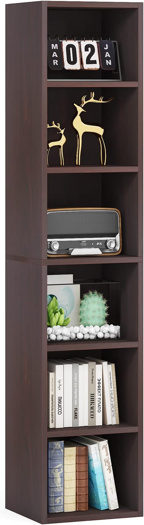 LITTLE TREE 70.9 Inch Tall Narrow Bookcase, Corner Bookshelf 6 Tier Cube Display Shelf Storage Organizer for Small Space, Brown