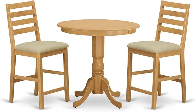 East West Furniture JACF3-OAK-C 3 Piece Kitchen Counter Height Dining Table Set Contains a Round Pub Table with Pedestal and 2 Linen Fabric Upholstered Chairs, 36x36 Inch, Oak