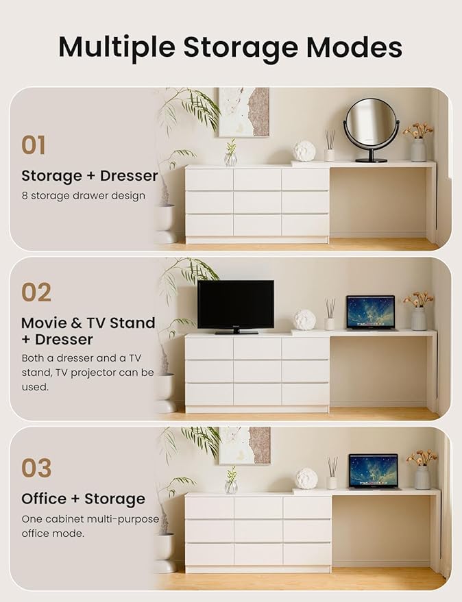 9 Drawer Vanity Dresser Combo with Extendable Table & L-Shaped Desk, White MDF Large Dresser with Deep Storage for Bedroom, Adjustable Desk and Vanity Combo for Small Spaces