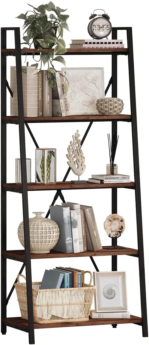 BON AUGURE Ladder Shelf Bookcase, 5-Tier Industrial Ladder Bookshelf, Tall Living Room Shelves, Wood and Metal Leaning Shelf for Home Office, Kitchen, Bedroom, Balcony (Rustic Oak)
