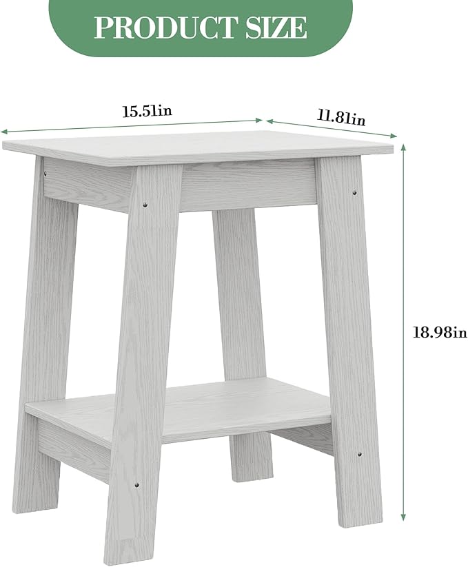 End Table with Double Storage Shelves, Small Space Side Table for Farmhouse Bedroom, Studio Apartment, Entryway， White