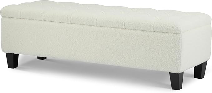 Christopher Knight Home Ottilie Boucle Fabric Storage Ottoman Bench, Wooden Rectangular Ottoman with Storage, Bedroom End of Bed Foot Stool, Entryway Ottoman Footrest, Living Room Extra Seat, Beige