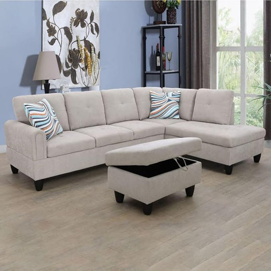 Grey White L-Shaped 3-Piece Flannel Sofa with Storage Ottoman Set, Sectional Couch Sofa Set for Living Room, Office, Small Space