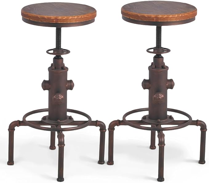 Topower Antique Vintage Industrial Barstool Solid Wood Water Pipe Fire Hydrant Design Cafe Coffee Industrial Bar Stool Set of 2 Red Bronze