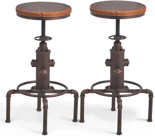 Topower Antique Vintage Industrial Barstool Solid Wood Water Pipe Fire Hydrant Design Cafe Coffee Industrial Bar Stool Set of 2 Red Bronze