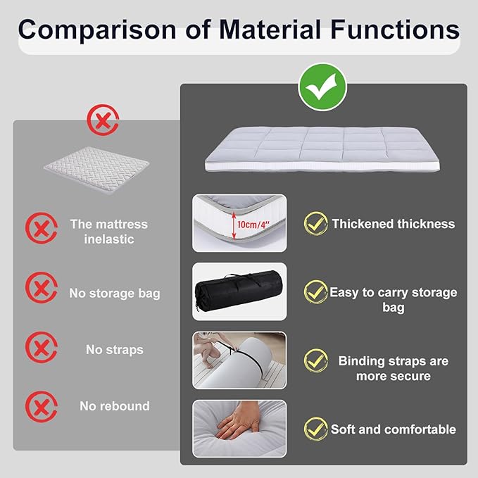 Tiita Floor Mattress Memory Foam Mattress Topper, 4" Thicken Futon Mattress with Storage Bag and 2 Straps, Portable Roll Up Travel Car Camping Mattress Sleeping Pad Full Size, Grey