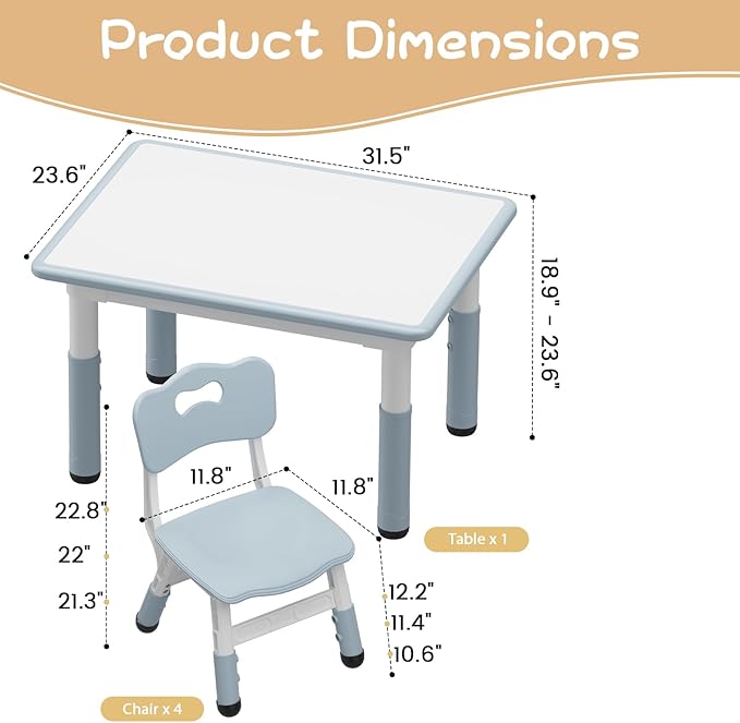GarveeHome Kids Table and 4 Chairs Set, Height Adjustable Toddler Table and Chair Set, Graffiti Desktop, Children Study Table for Home Daycare Preschool for Ages 2-8