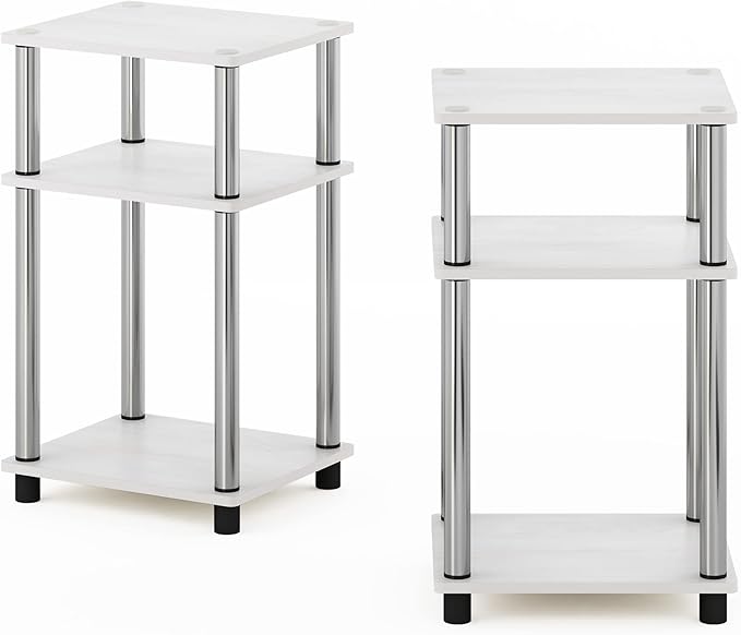 Furinno Simplistic End Side Night Stand/Bedside Table with Stainless Steel Tubes, 2-Pack, 2-Tier Poles, White Oak/Chrome