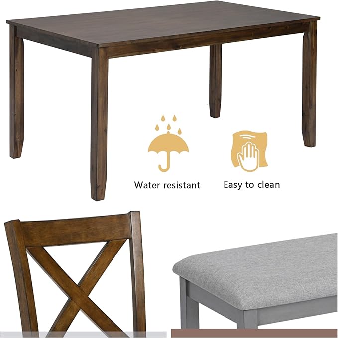 Dining Table Set, 6-Piece Modern Rectangular Dining Table & Chair Set with 4 Upholstered X-Shaped Backrest Chairs and a Bench, Walnut