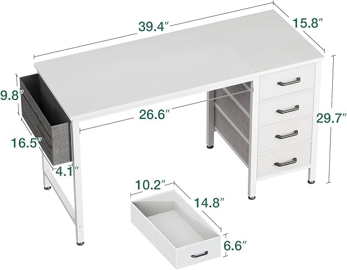 Casaottima 40-Inch Small Computer Desk with 4 Fabric Drawers — Home Office Desks with Storage, Writing Desk with Side Hook and Cloth Bag, Modern Study/Work Table for Bedroom and Small Space, White