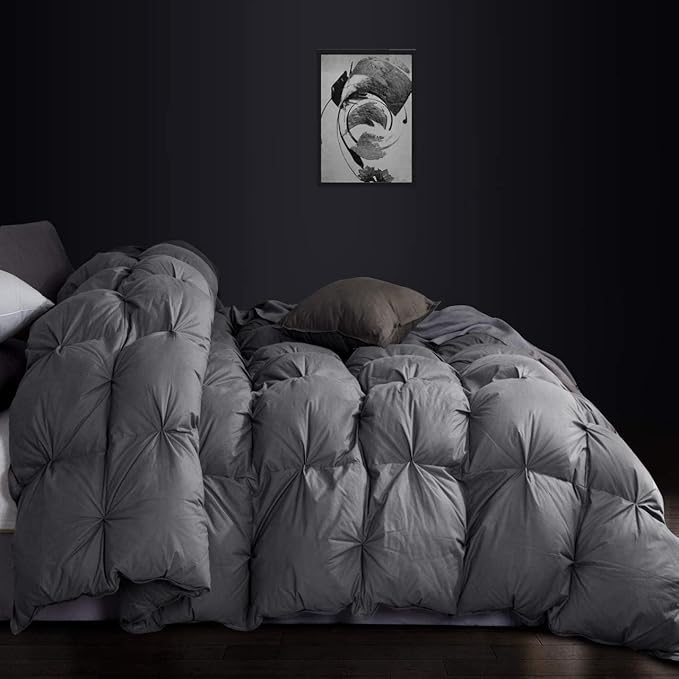Luxurious Goose Down Feather Fiber Comforter Oversize California King Size Duvet Insert, Pinch Pleat Ruffled Twisted Flower, 108 x 98 inches, 100% Egyptian Cotton Cover, 80 oz. Fill Weight, Gray