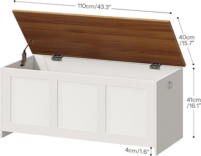 HOOBRO Storage Bench, 43.3" Retro Wooden Storage Chest, Wooden Storage Trunk, Toy Chest with Lift Top, Multifunctional Entryway Organizer, for Entryway, Living Room, White and Walnut WH411CW01