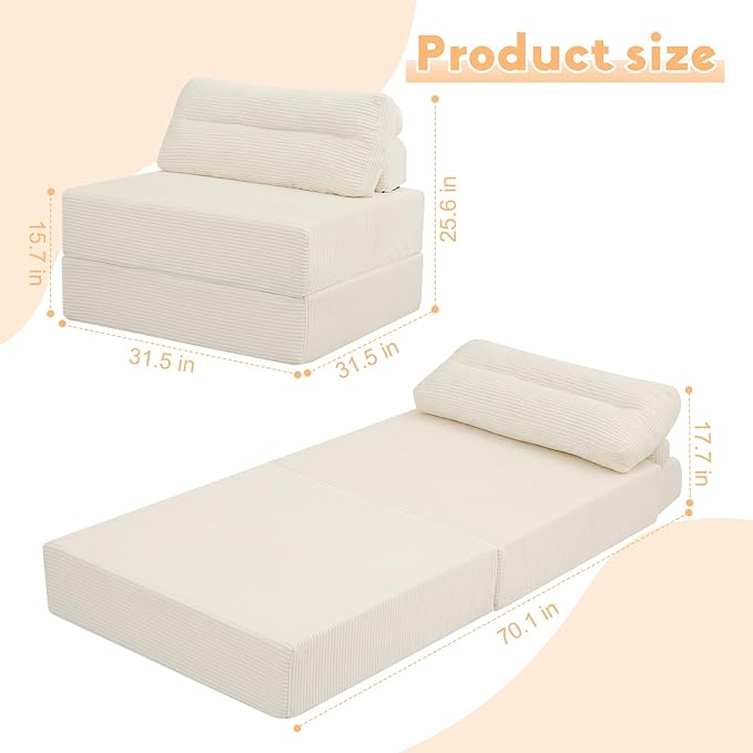MeMoreCool Instant Guest-Ready Comfort — Convertible Sofa Chair for Small Apartments & dorms, Folds into a futon with Pillow, no Assembly, Space-Saving Design, Perfect for overnights & Studios, Beige