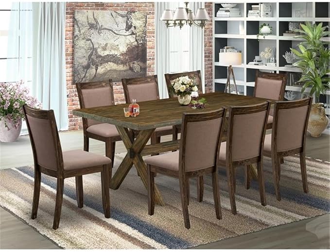 East West Furniture X777MZ748-9 9 Piece Dining Room Furniture Set Includes a Rectangle Dining Table with X-Legs and 8 Coffee Linen Fabric Upholstered Chairs, 40x72 Inch, Multi-Color