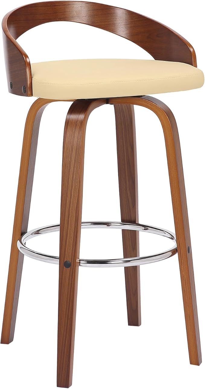 Armen Living Sonia 30" Bar Height Swivel Cream Faux Leather and Walnut Wood Bar Stool