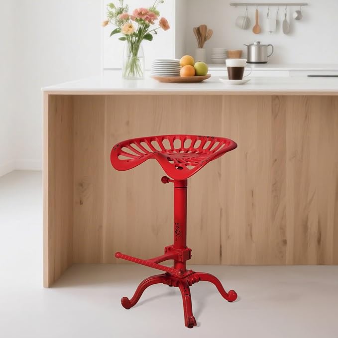 Diwhy Rustic Industrial Farmhouse Tractor Seat Adjustable Bar Stool Industrial bar Chair (Aged Red, Cast Iron)
