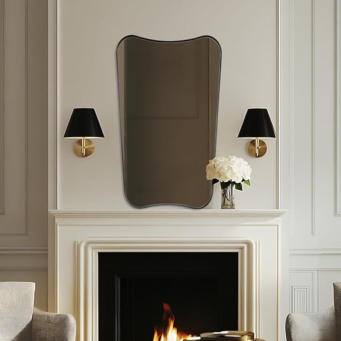 24x40 Black Mirror, Irregular Shaped Mirror with Curved Edge Design, Asymmetrical Bathroom Mirror, Wall Mounted Decorative Mirror for Powder Room, Foyer, Master Room, Hangs Vertical Only