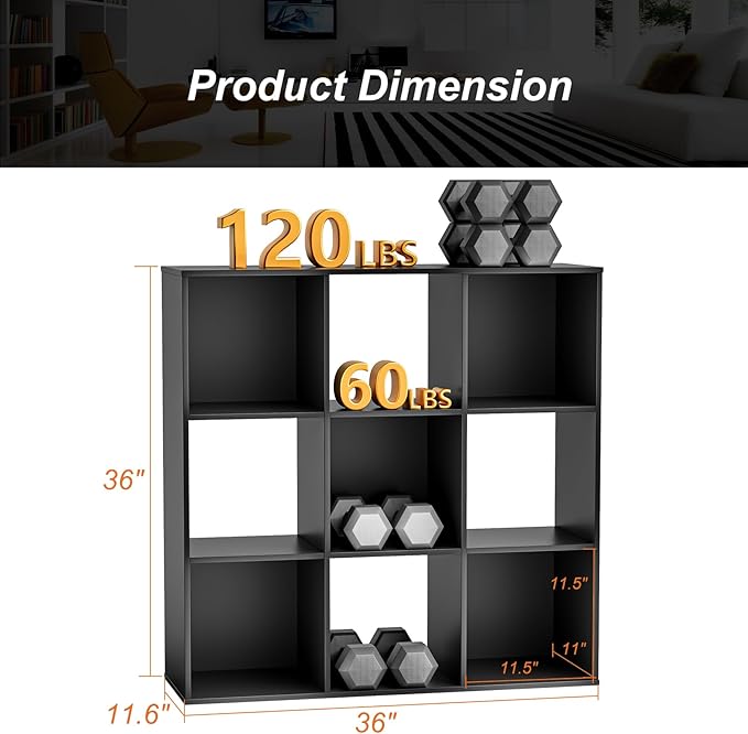 Sweetcrispy 9 Cube Storage Organizer - Open Cube Bookshelf with 5 Removable Back Panels, Display Storage Bookcase for Living Room, Bedroom, Entrance Hall, Home Office，36" L×11.6" W×36" H, Black