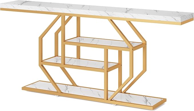 Tribesigns 70.9 inch Extra Long Console Table, Modern Gold Sofa Table Behind Couch with Storage, 4 Tier Entryway Accent Table for Living Room, Hallway, Entrance, Faux Marble White
