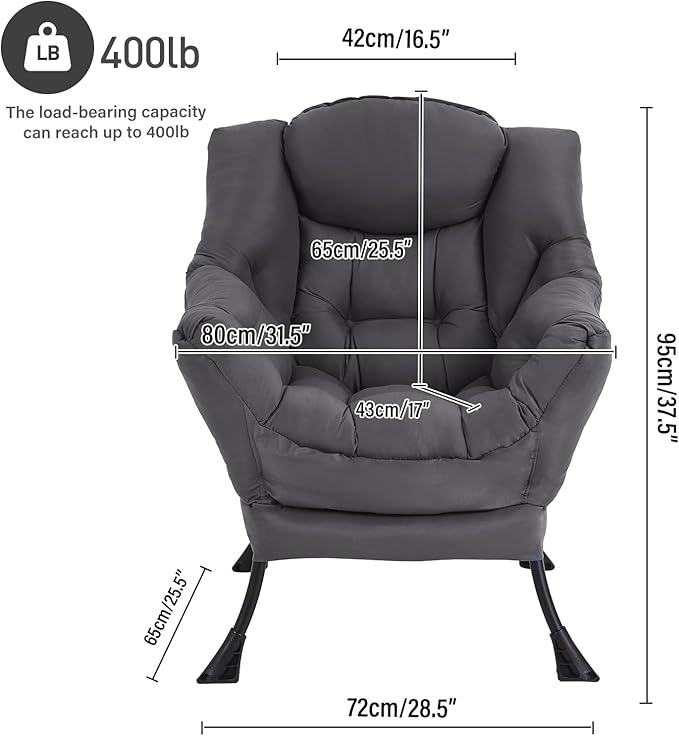 Lazy Chair, Reading Armchair, Large Modern Lounge Accent Chair, Leisure Sofa Chair for Living Room, Bedroom, Dorm Room, Dark Grey