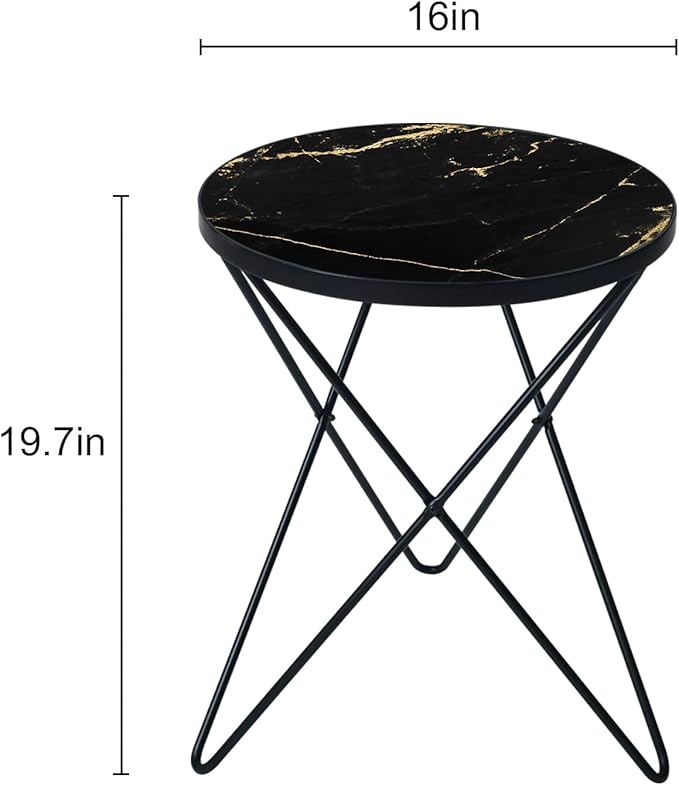HLR Modern Round Side Table Set of 2, End Table with Marble Effect Top and Gold Metal Frame, Small Side Table for Living Room, Bedroom, Sofa and Couch, Black Legs, Black Marble top